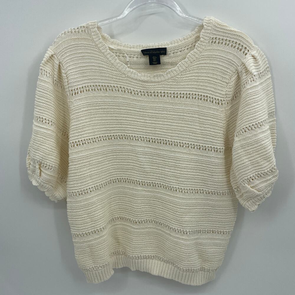 HOUSE OF HARLOW 1960 Knit Sweater Top Womens Size L Cream Short Puff Sleeve